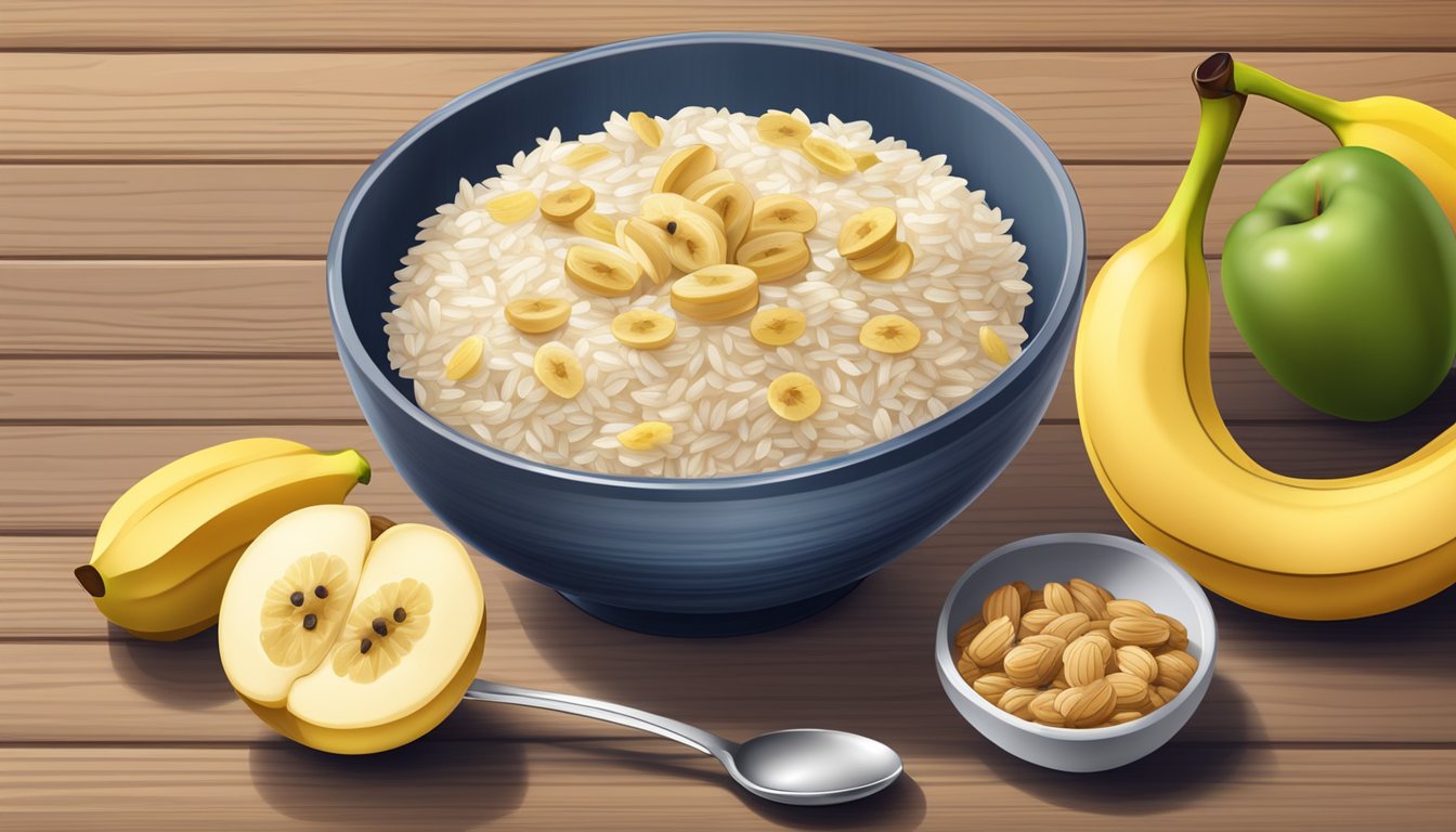 A bowl of Beech Nut organic rice cereal with bananas surrounded by fresh fruit and a spoon on a wooden table