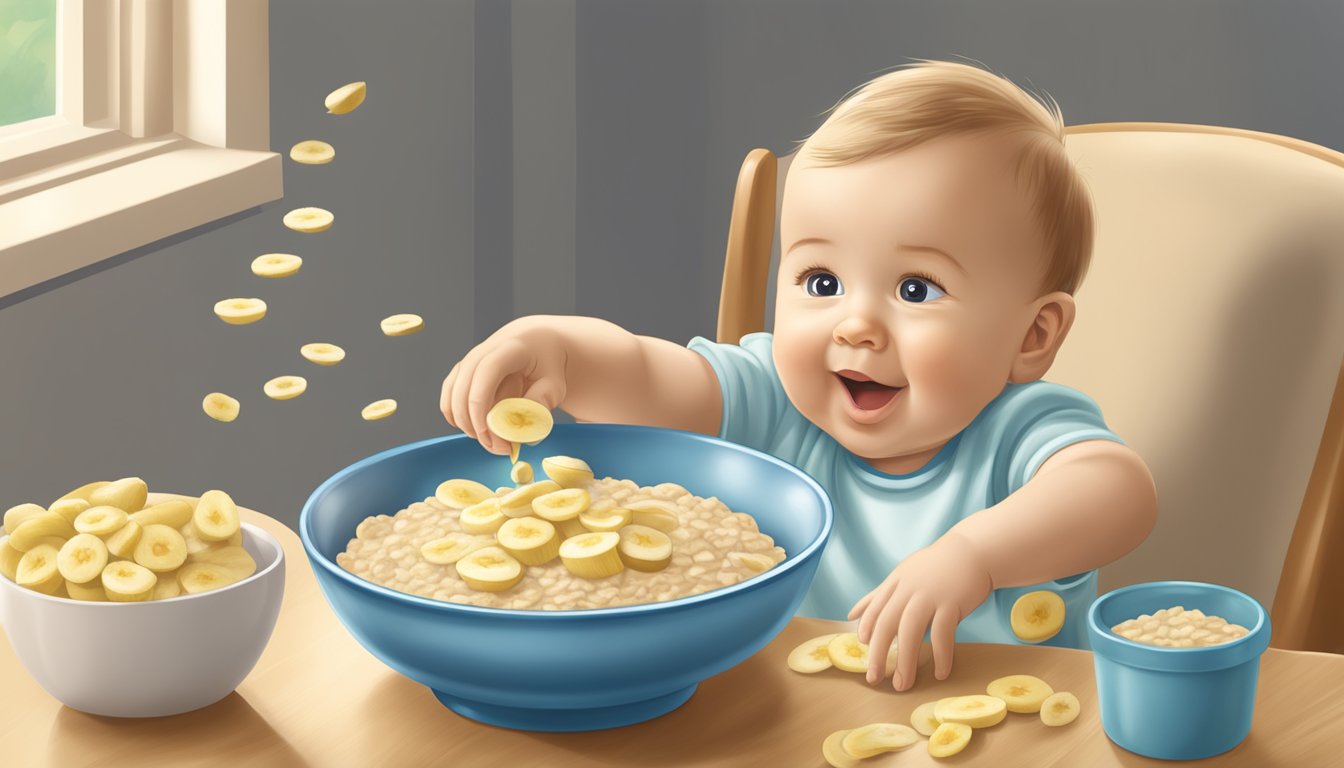 A bowl of Beech Nut organic oatmeal cereal with bananas being poured into a baby's feeding dish