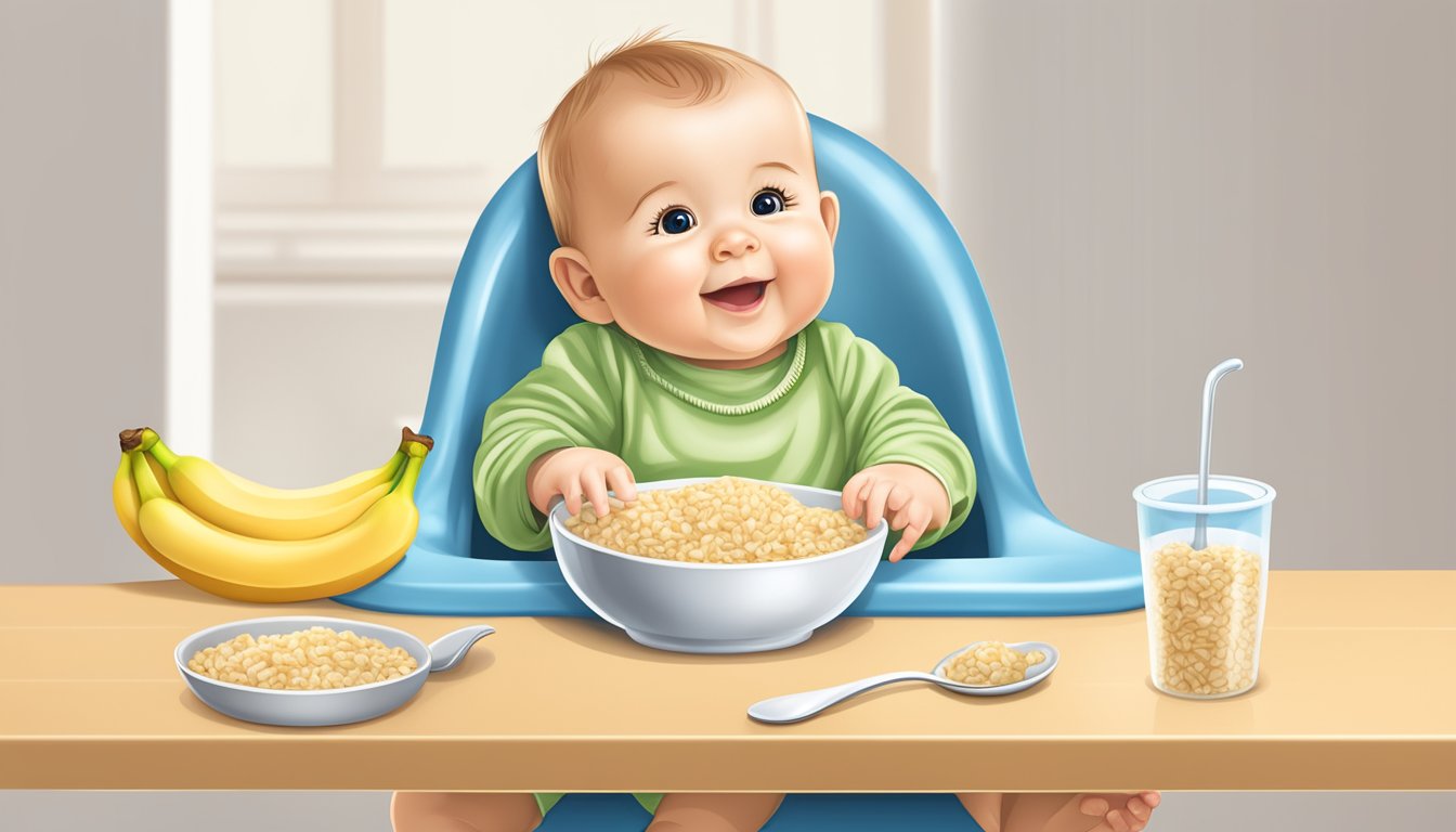 A baby's high chair with a bowl of Beech-Nut organic rice cereal with bananas, a spoon, and a bib