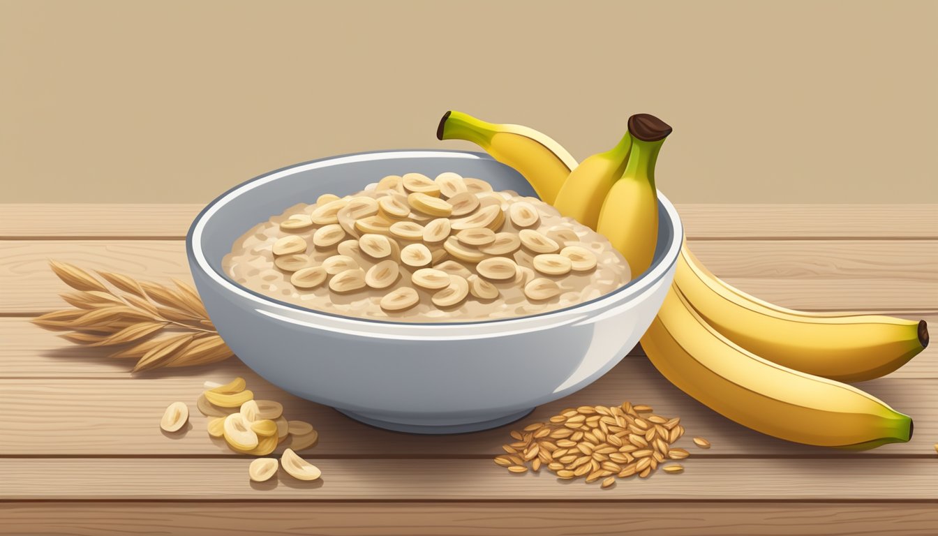 A bowl of Beech-Nut Organic Oatmeal Cereal with Bananas sits on a wooden table, surrounded by ripe bananas and a scattering of oat grains