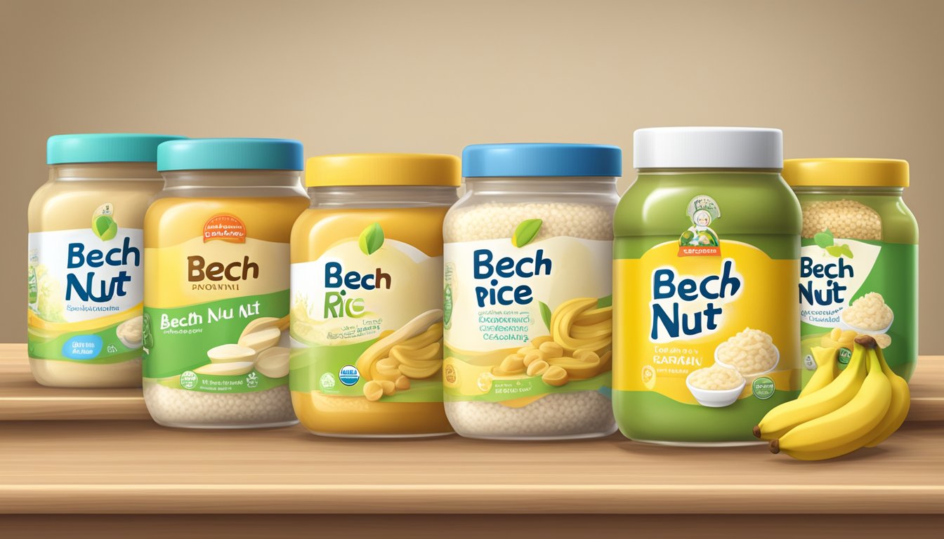 A jar of Beech Nut organic rice cereal with bananas on a wooden shelf with other baby food jars