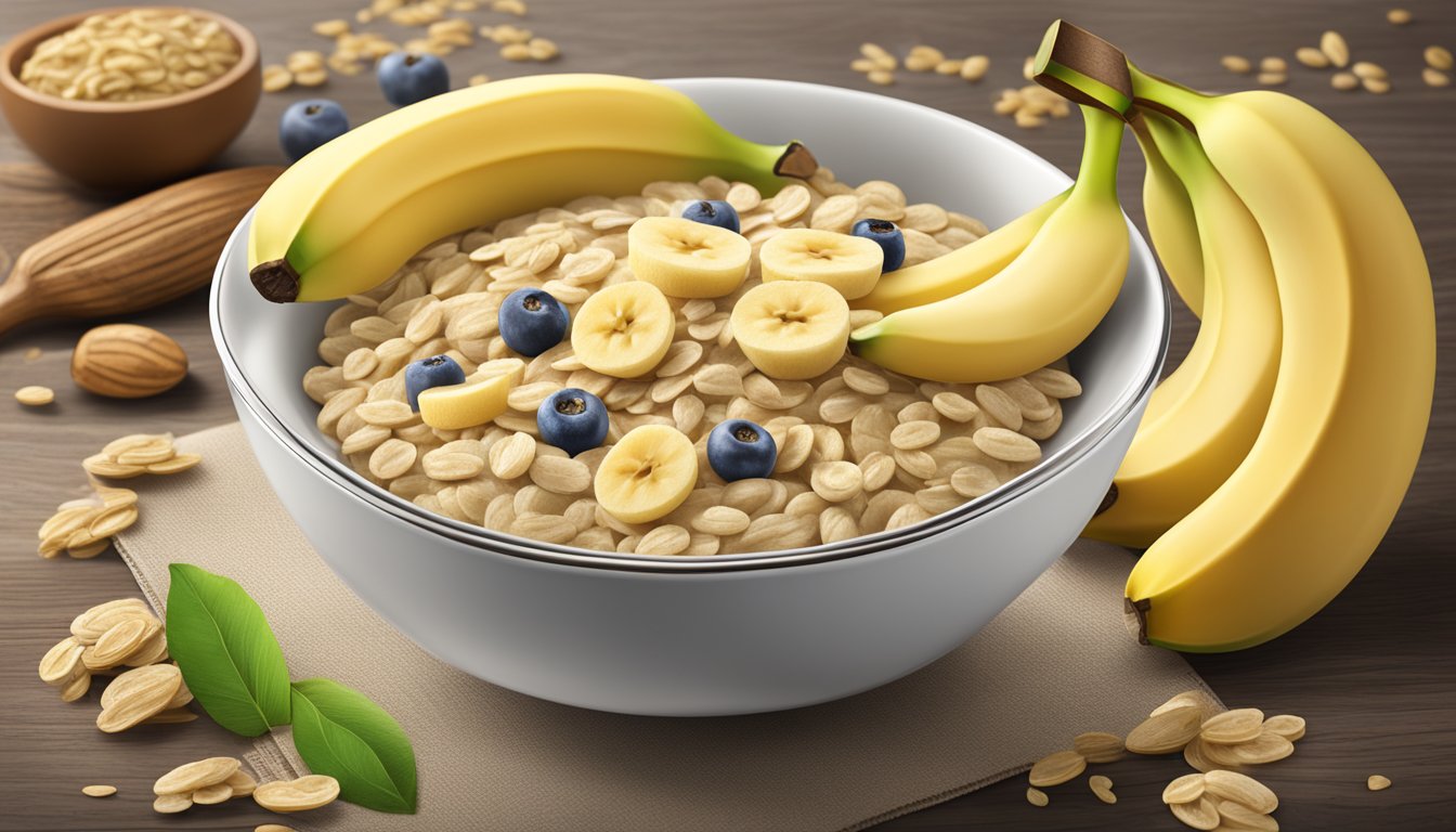 A bowl of Beech Nut organic oatmeal cereal with bananas surrounded by various environmental and certification symbols