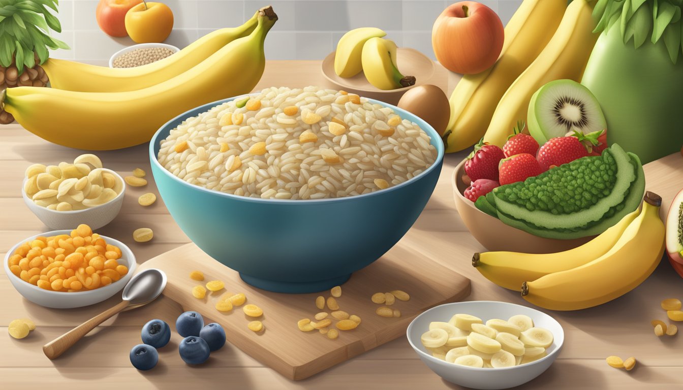 A bowl of Beech Nut organic rice cereal with bananas surrounded by a variety of fresh fruits and vegetables on a kitchen counter