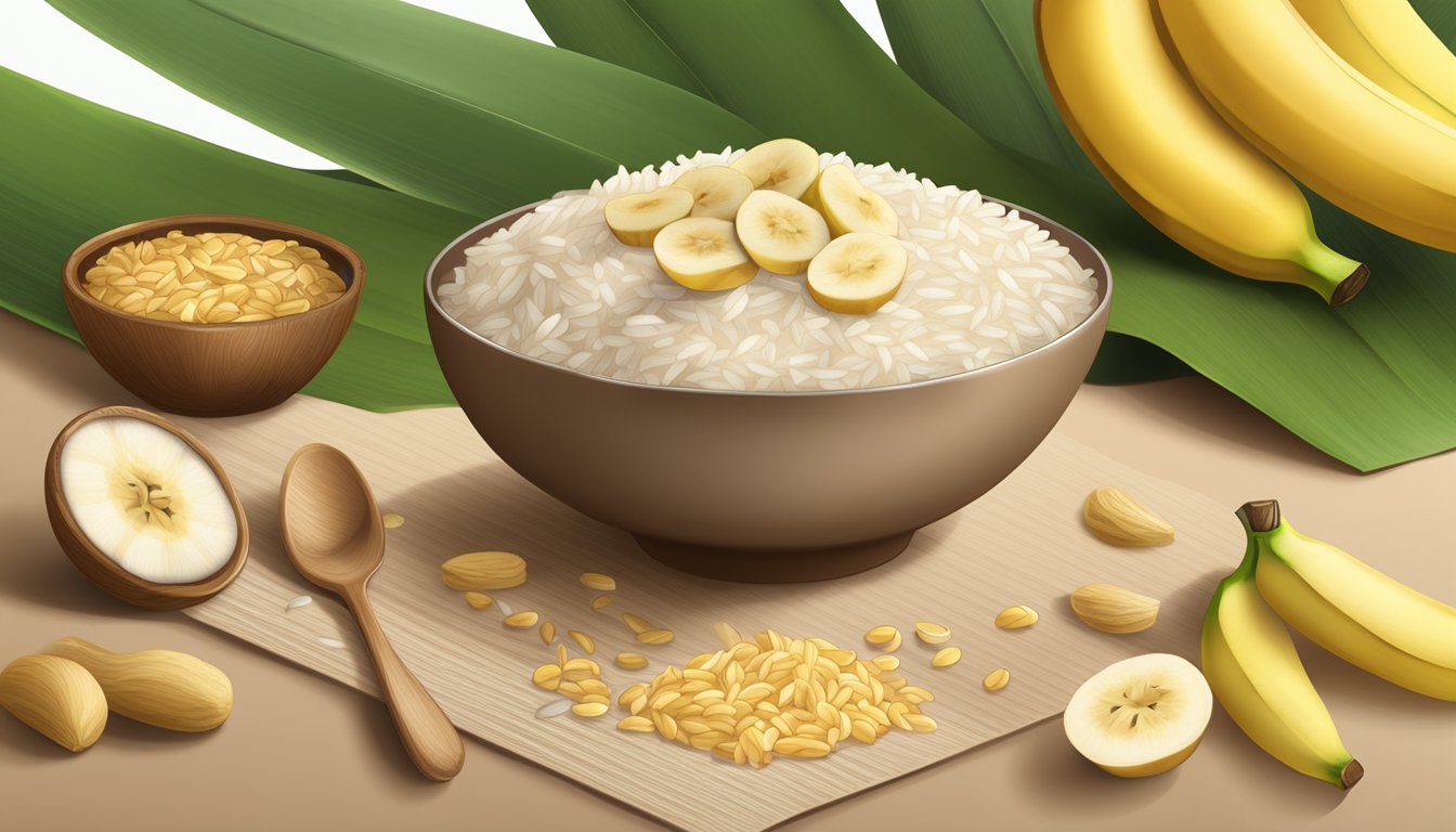 A bowl of Beech Nut organic rice cereal with bananas surrounded by fresh bananas and rice grains