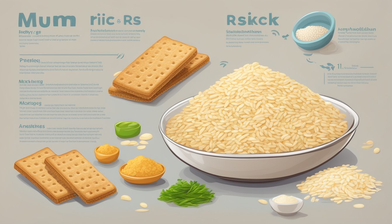 A pile of baby mum mum rice rusks surrounded by nutritional information and ingredients