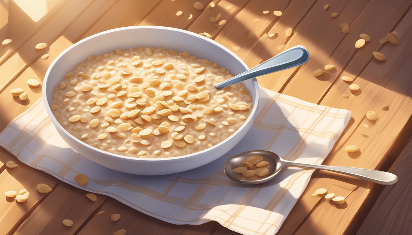 A bowl of Beech-Nut Oatmeal Cereal sits on a wooden table, surrounded by scattered oats and a spoon. Sunlight streams in from a nearby window, casting a warm glow over the scene