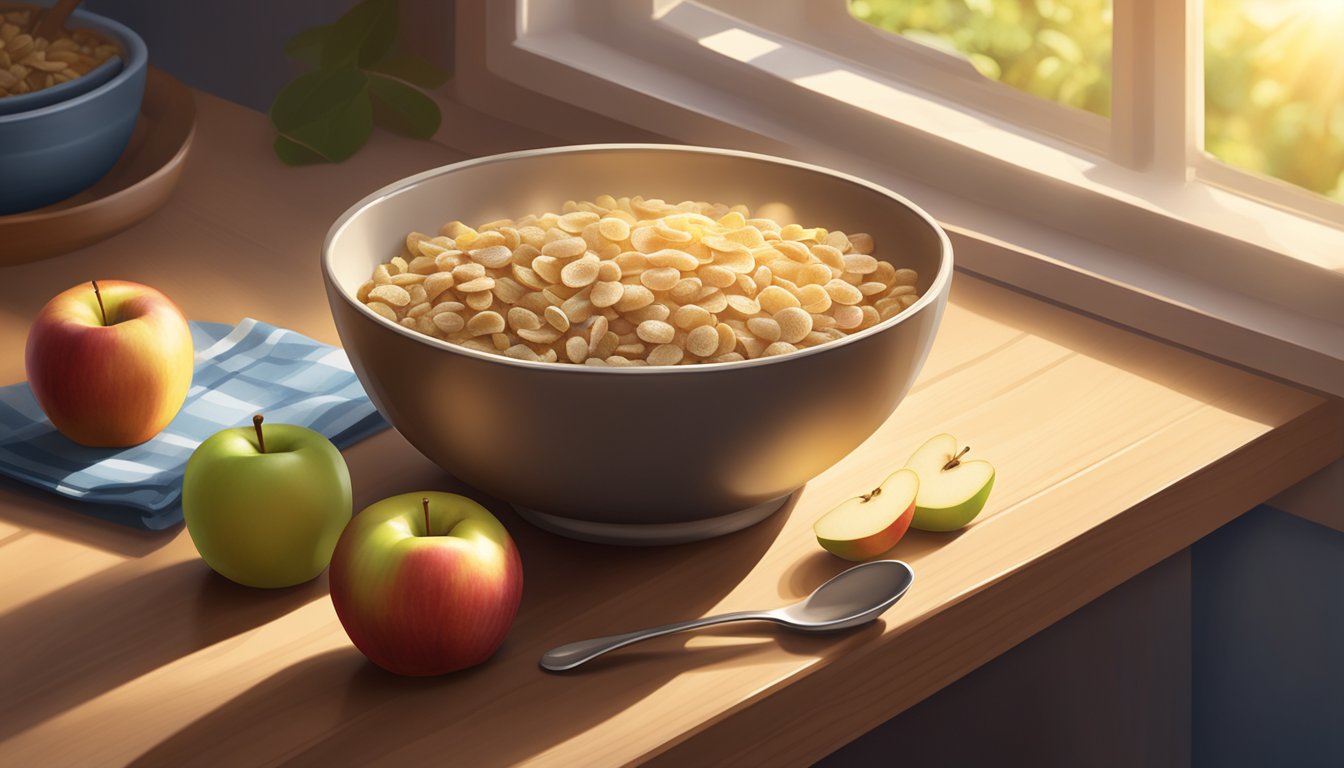 A bowl of Beech Nut organic multigrain cereal with apples sits on a wooden table with a spoon beside it. Sunlight streams in through a nearby window, casting a warm glow on the scene