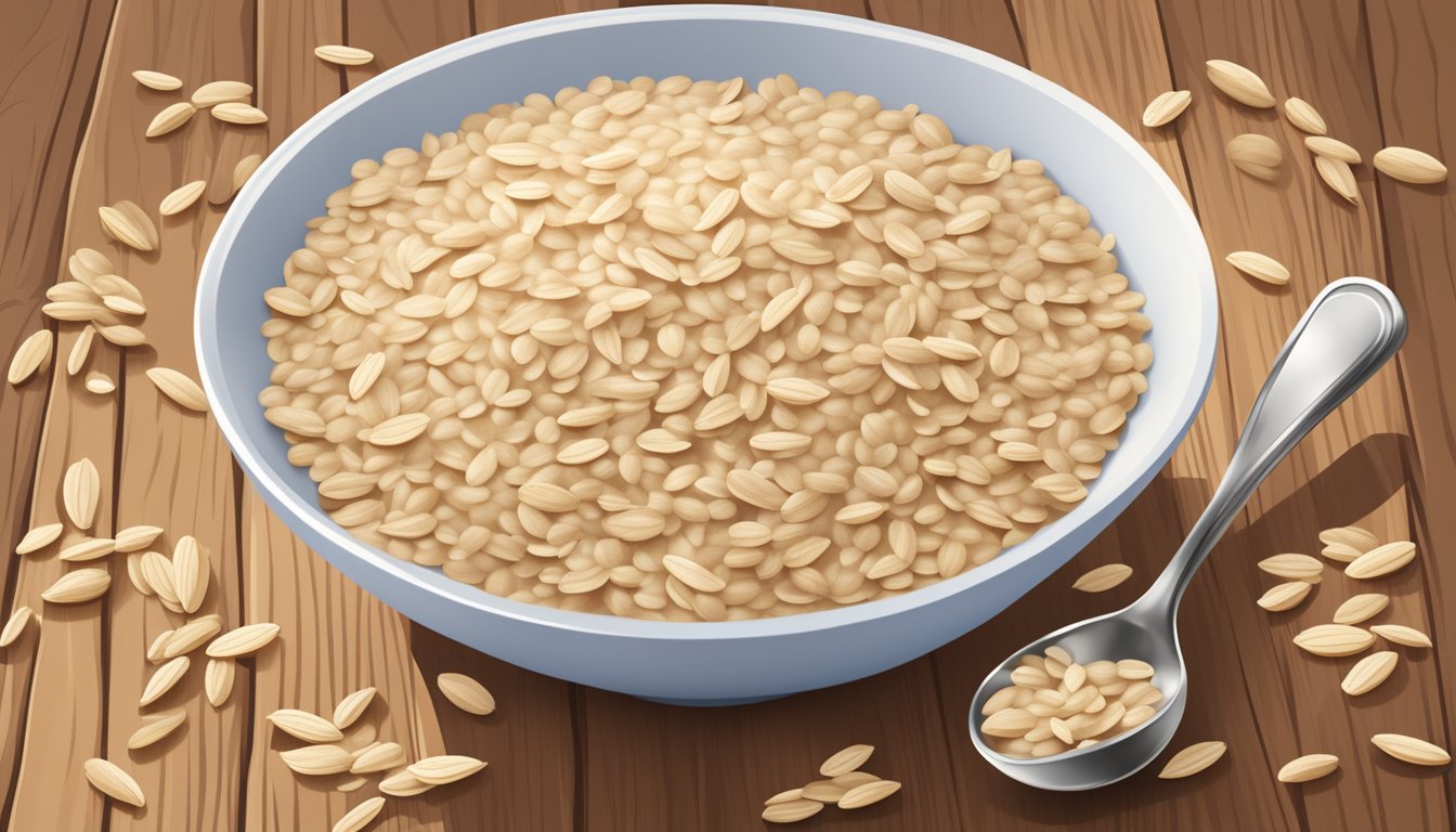 A bowl of beech nut oatmeal cereal surrounded by scattered oats and a spoon on a wooden table