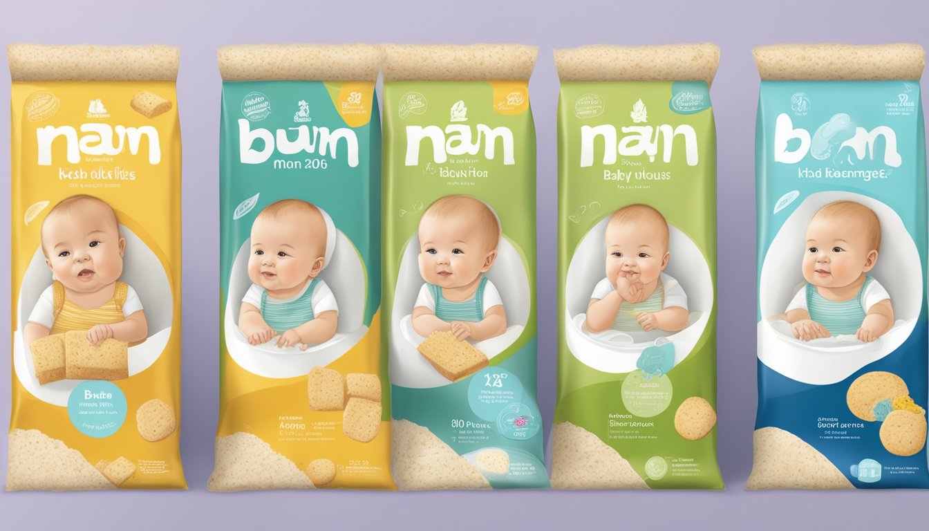 A series of Baby Mum-Mum rice rusk packages, each showing a baby growing older and reaching different developmental milestones