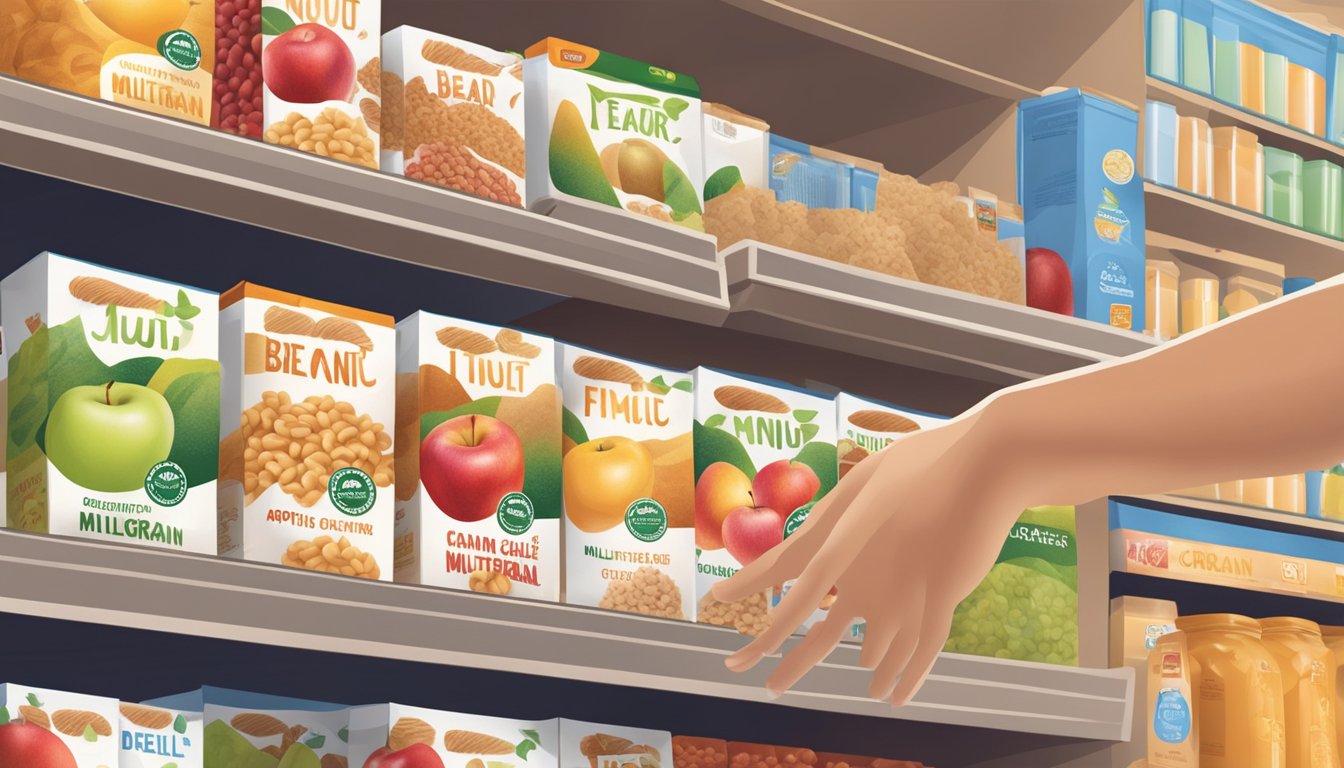 A hand reaching for a box of Beech Nut organic multigrain cereal with apples on a supermarket shelf