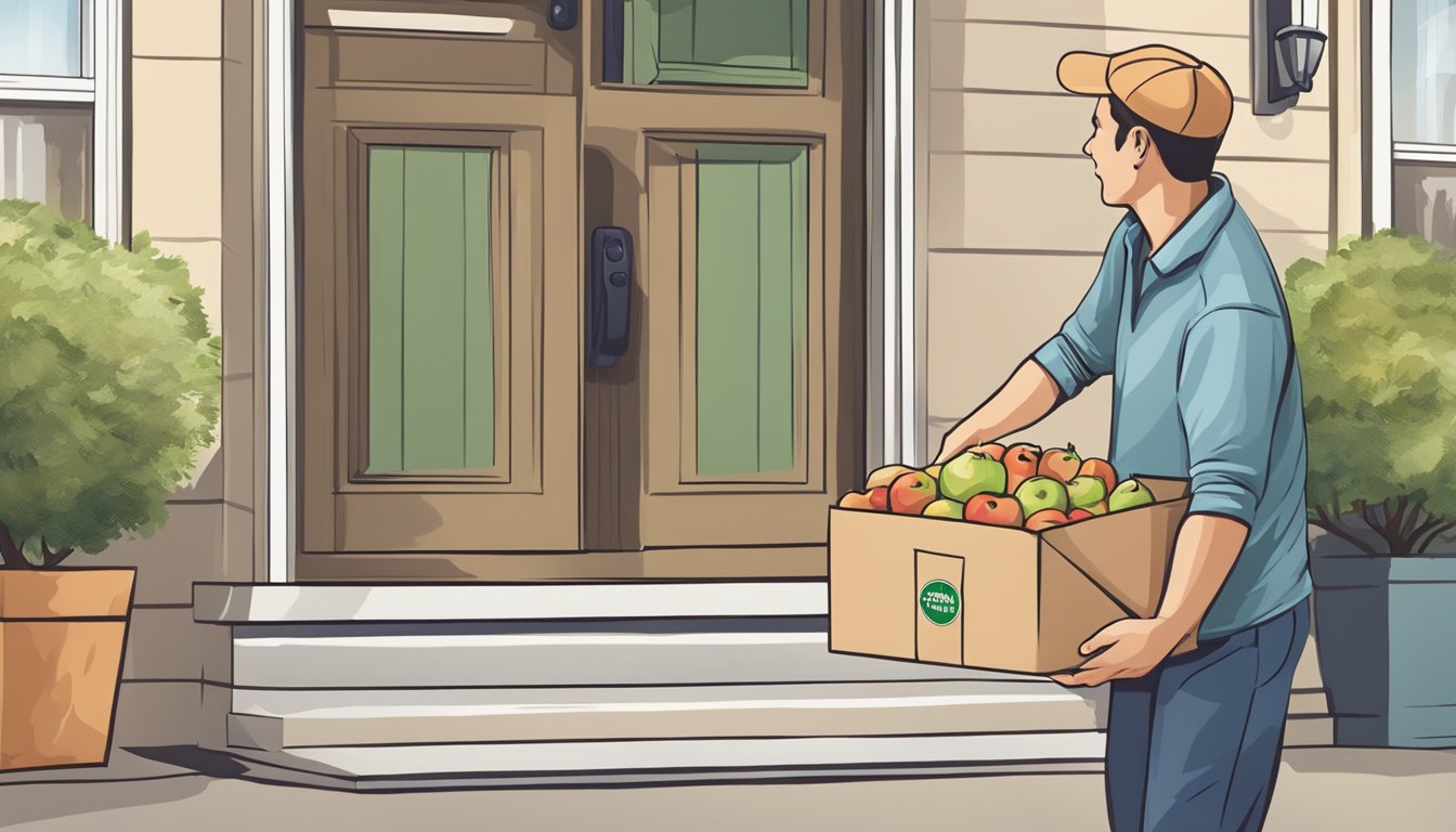 A hand reaching out to receive a package of Beech Nut organic multigrain cereal with apples from a delivery person at the doorstep