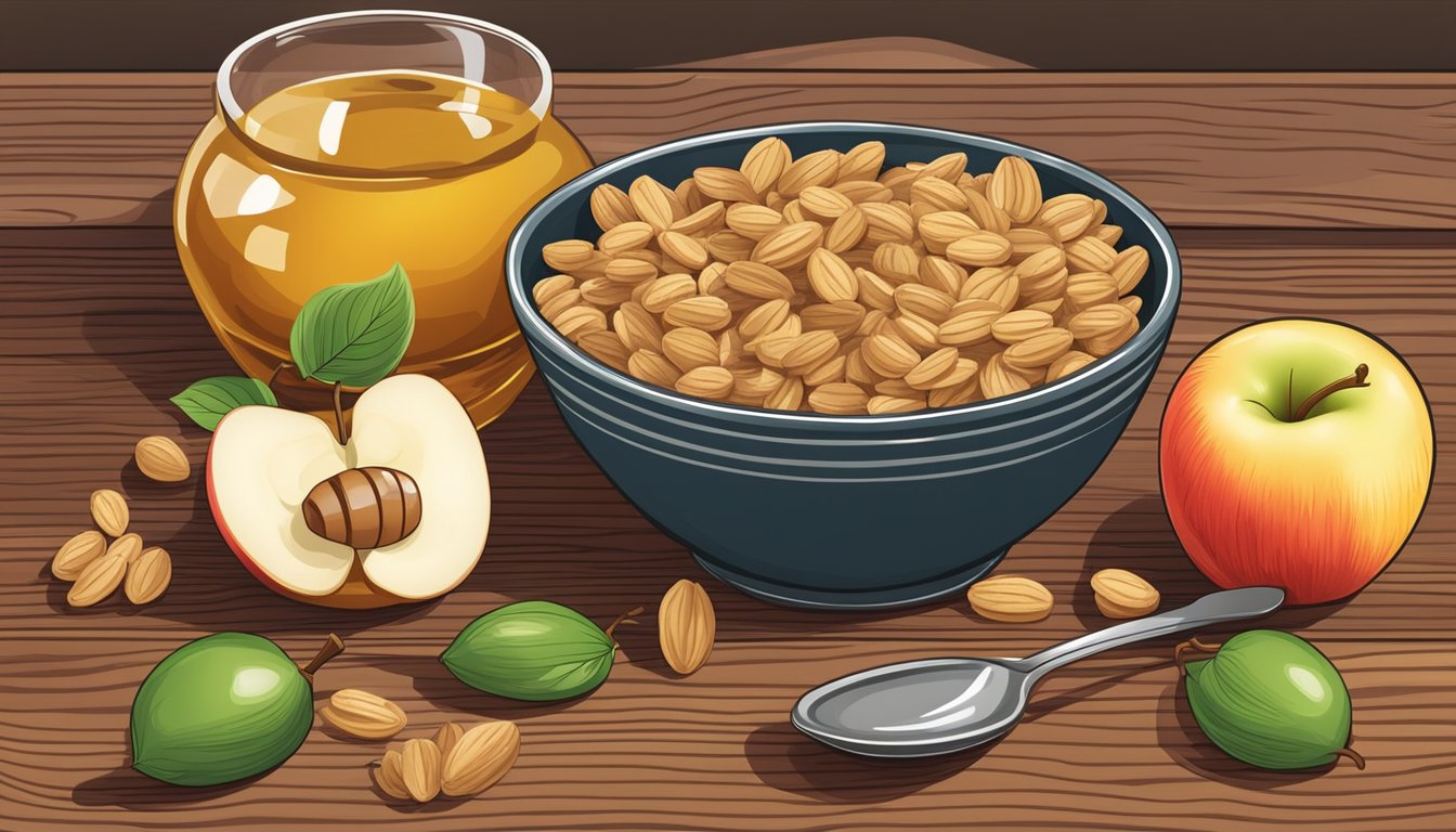 A bowl of Beech Nut organic multigrain cereal with apples surrounded by fresh fruit and a jar of honey on a wooden table