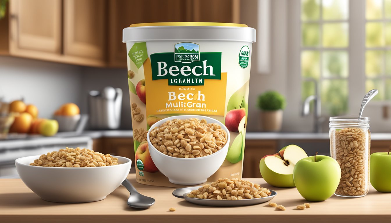 A bowl of Beech Nut organic multigrain cereal with apples sits next to a spoon and the opened packaging, with a background of fresh fruits and a warm, inviting kitchen setting