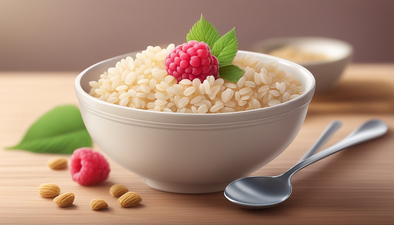 A bowl of Beech-Nut Brand rice cereal with raspberries, spoon on the side, set on a wooden table with a soft, natural light