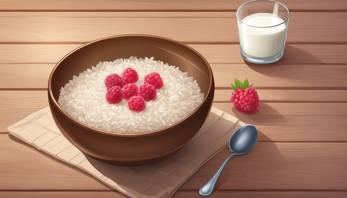 A bowl of beech nut complete rice cereal with raspberries, accompanied by a spoon and a glass of milk, sits on a wooden table