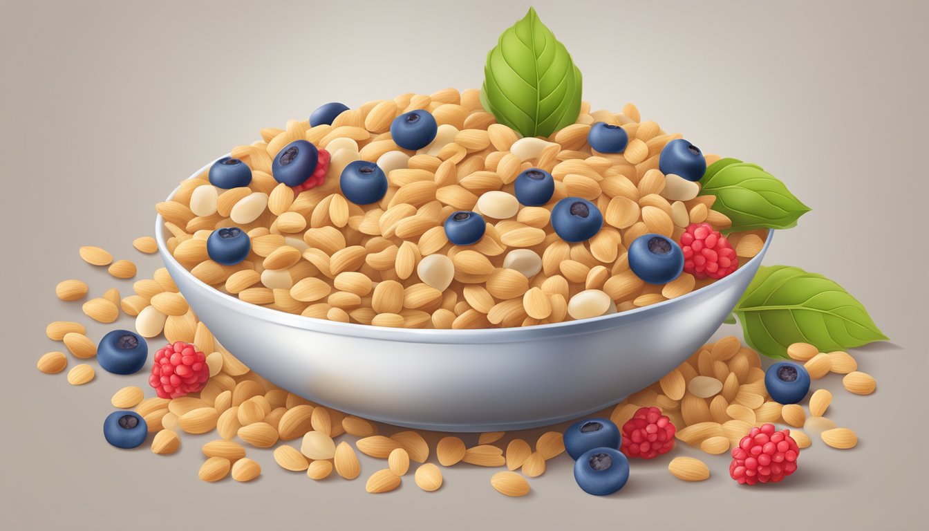 A bowl of beech nut complete multigrain baby cereal surrounded by various grains and fruits