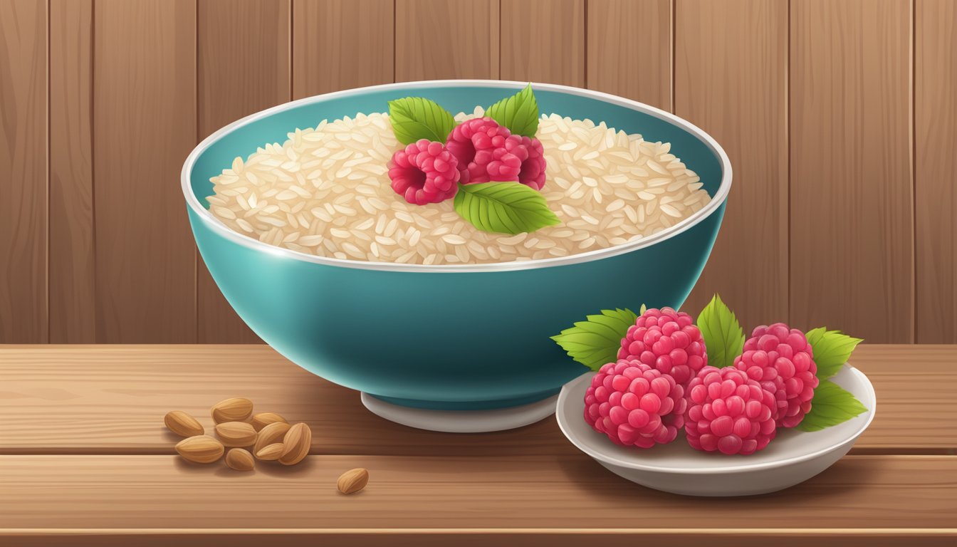 A bowl of beech nut complete rice cereal with raspberries sits on a wooden table