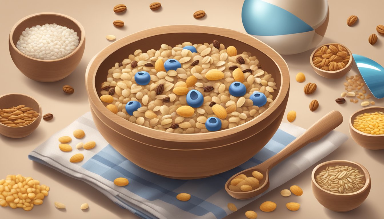 A bowl of Multigrain Beech Nut baby cereal surrounded by various grains and ingredients, with a spoon resting on the side