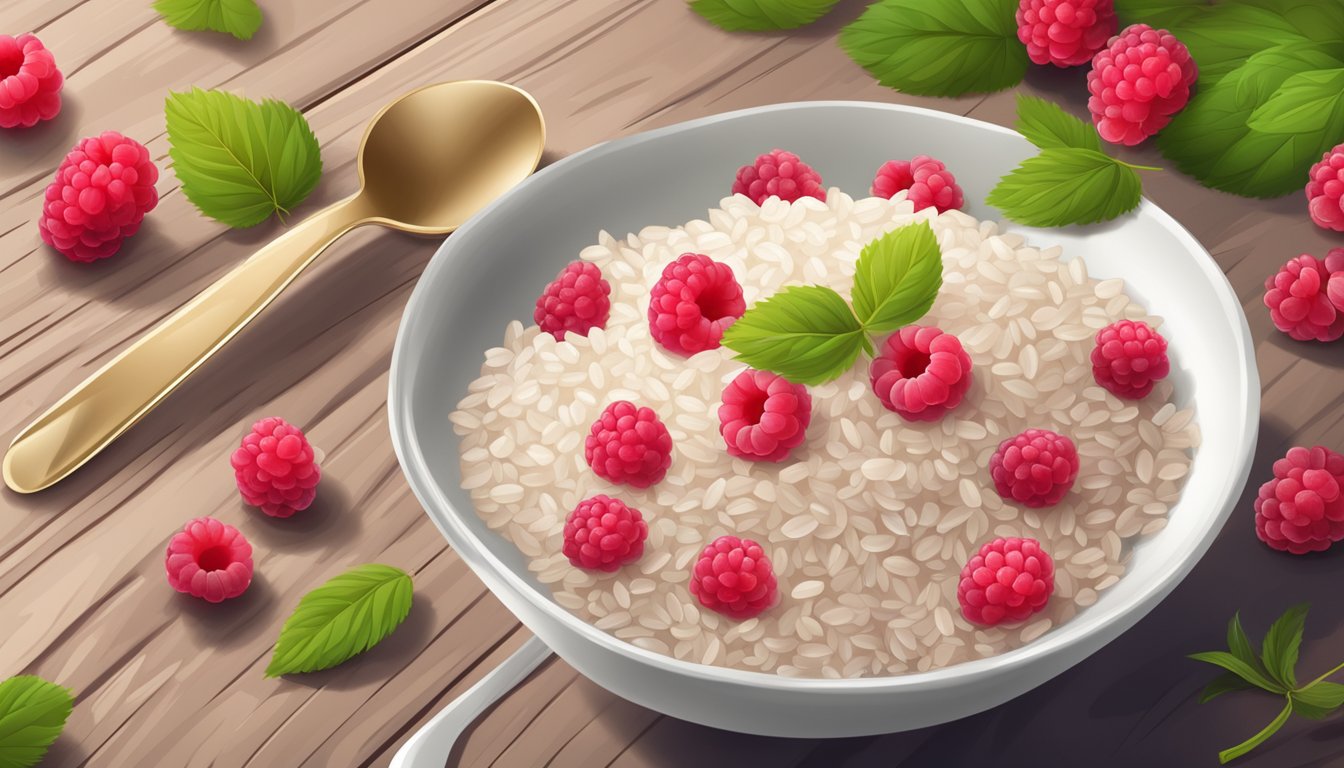 A bowl of Beech Nut Complete Rice Cereal with Raspberries surrounded by fresh raspberries and a spoon, set on a wooden table