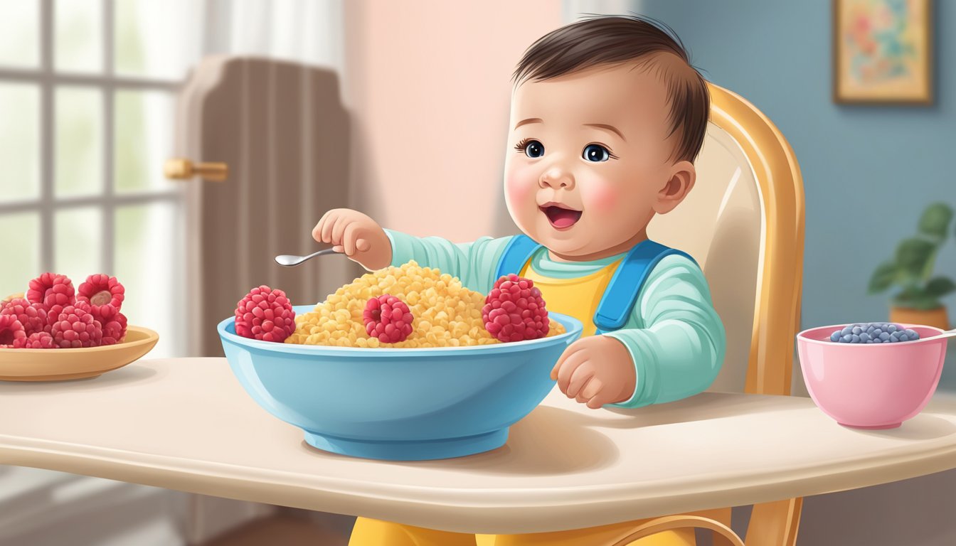 A baby's high chair with a bowl of rice cereal topped with raspberries, a spoon, and a caregiver's hand offering the food