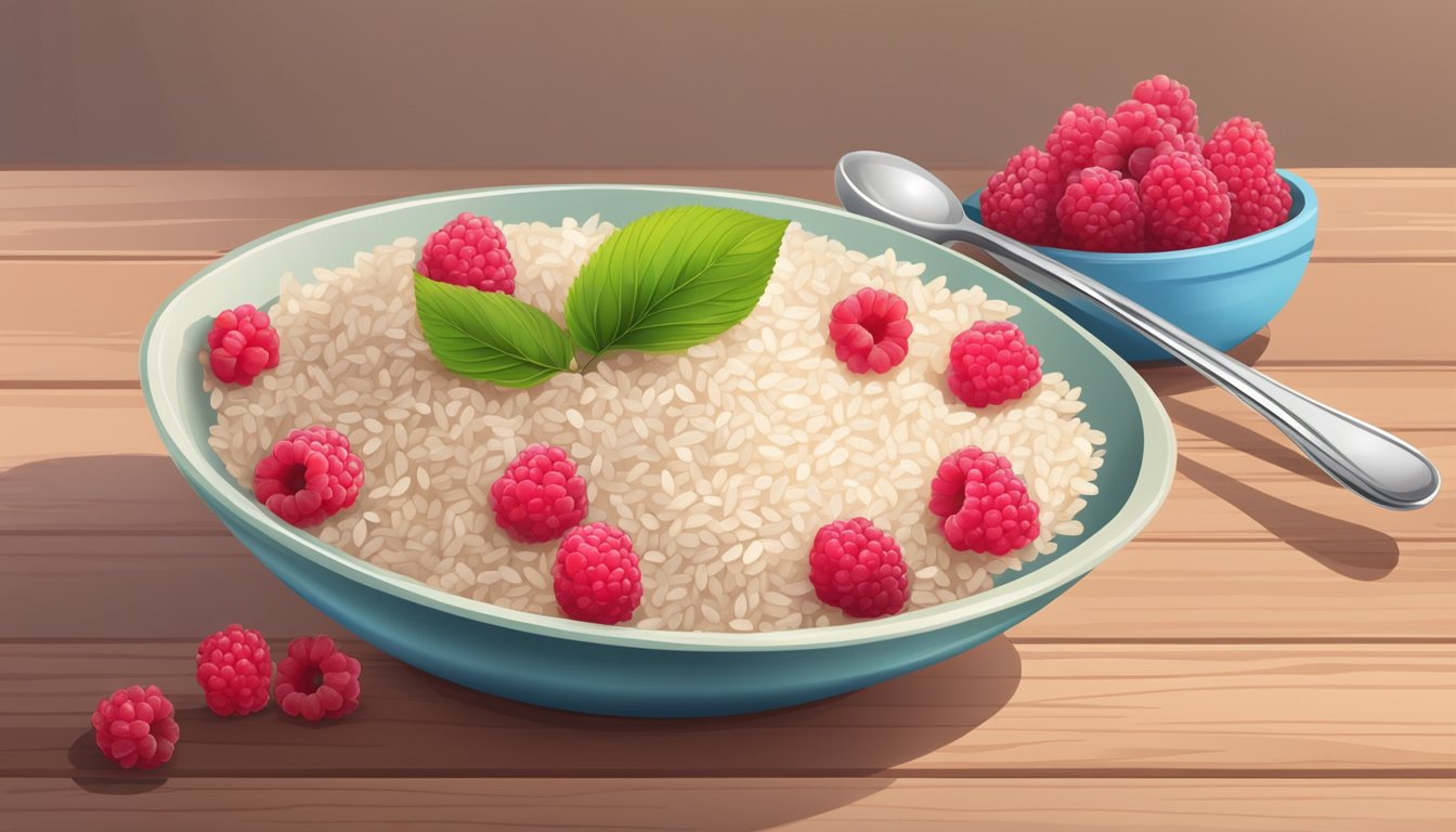 A bowl of Beech Nut Complete Rice Cereal with Raspberries sits on a wooden table, surrounded by fresh raspberries and a spoon