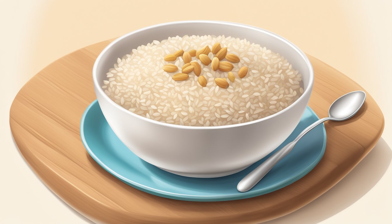 A bowl of Beech Nut rice single grain baby cereal with a spoon beside it on a high chair tray