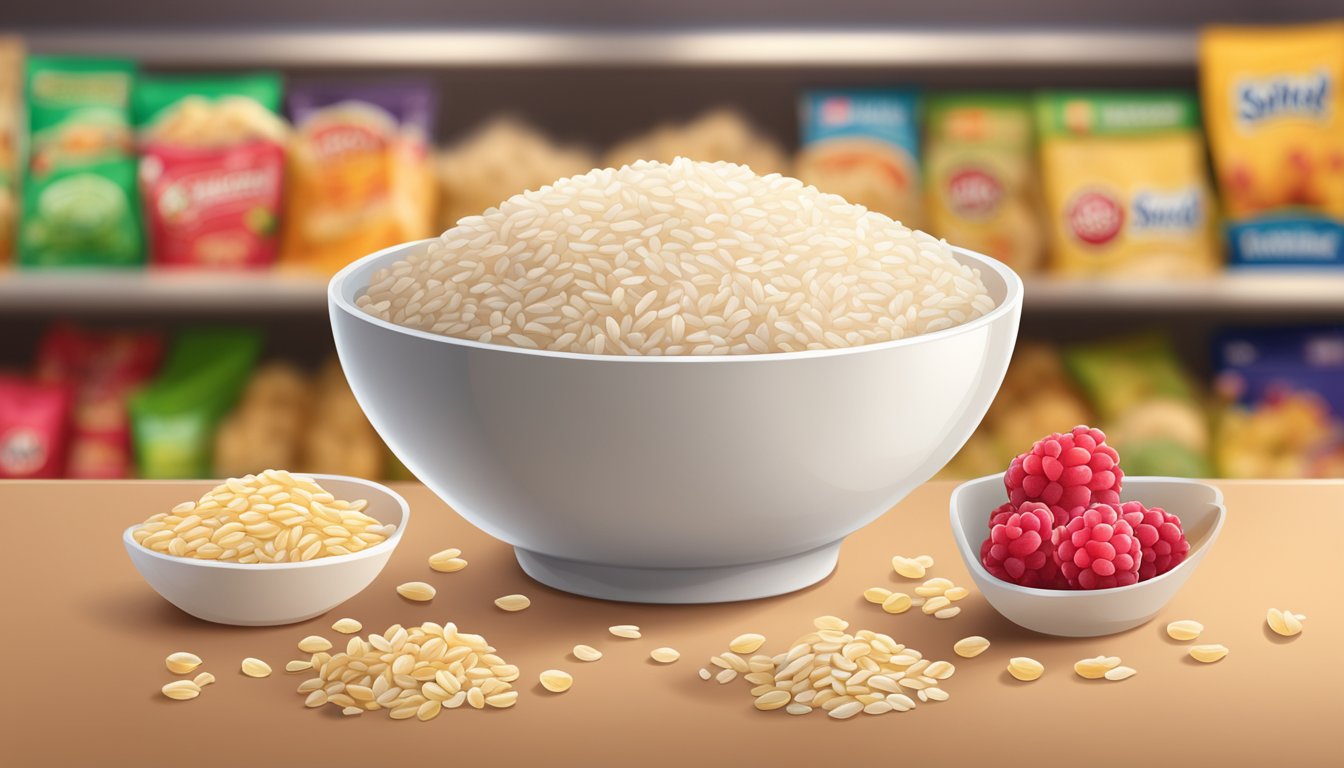 A bowl of beech nut complete rice cereal with raspberries surrounded by various purchasing options such as a grocery store aisle or online shopping website