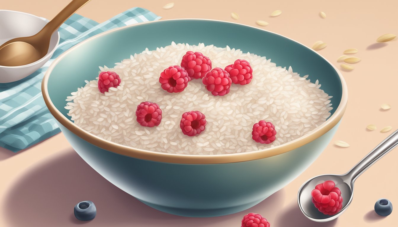 A bowl of beech nut complete rice cereal with raspberries being mixed with a spoon in a kitchen