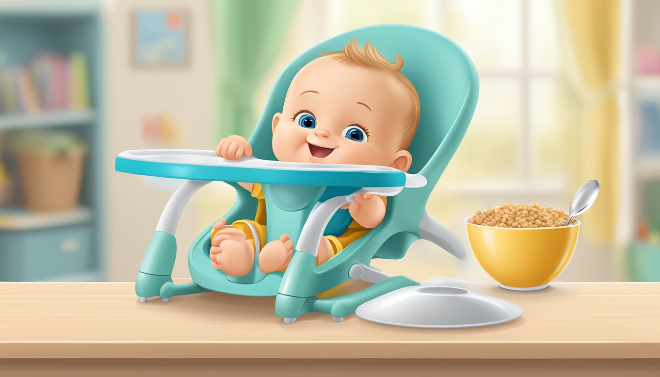 A baby's high chair with a bowl of Beech Nut Complete Multigrain Baby Cereal and a spoon on a clean, clutter-free table