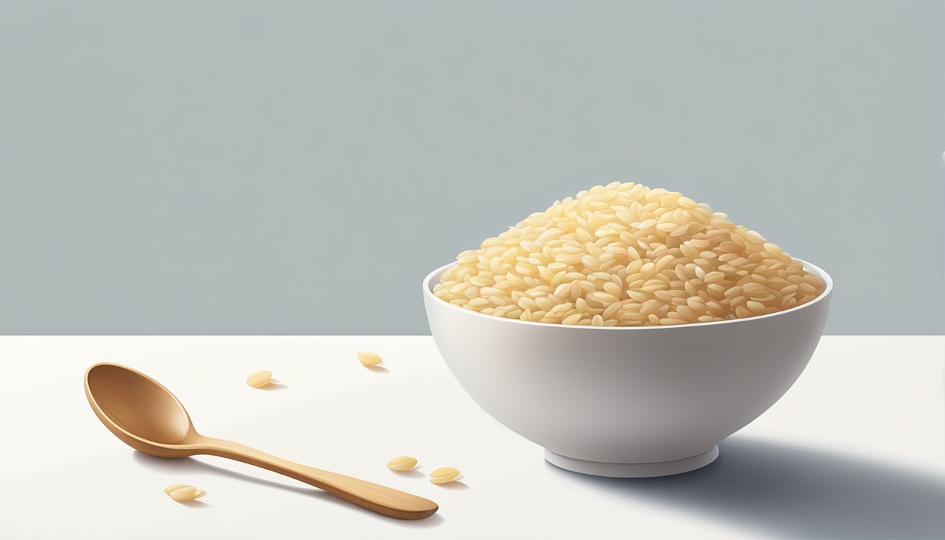 A bowl of Beech Nut rice single grain baby cereal with a spoon beside it on a clean, white table