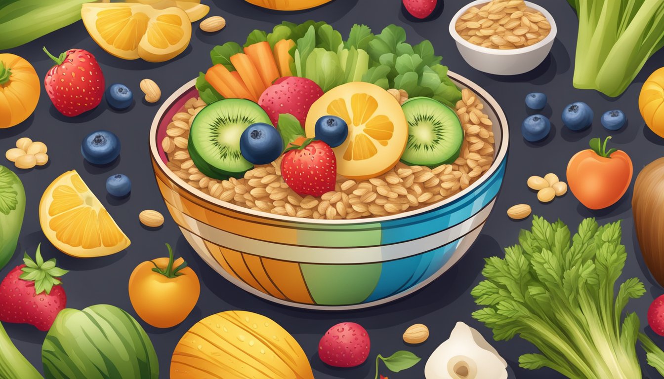 A colorful bowl of multigrain baby cereal surrounded by fresh fruits and vegetables