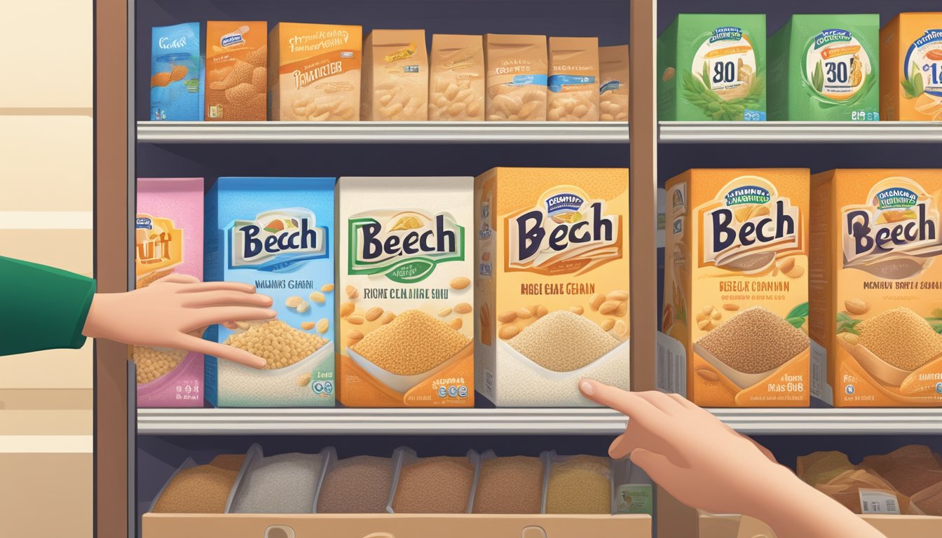 A hand reaching for a box of Beech Nut Rice Single Grain Baby Cereal on a shelf in a grocery store