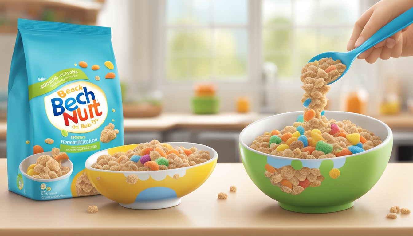 A spoonful of Beech Nut complete multigrain baby cereal being poured into a bowl with a colorful and convenient packaging in the background