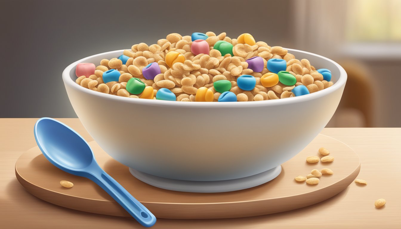 A colorful bowl filled with Beech Nut Complete Multigrain Baby Cereal with a spoon resting beside it on a high chair tray