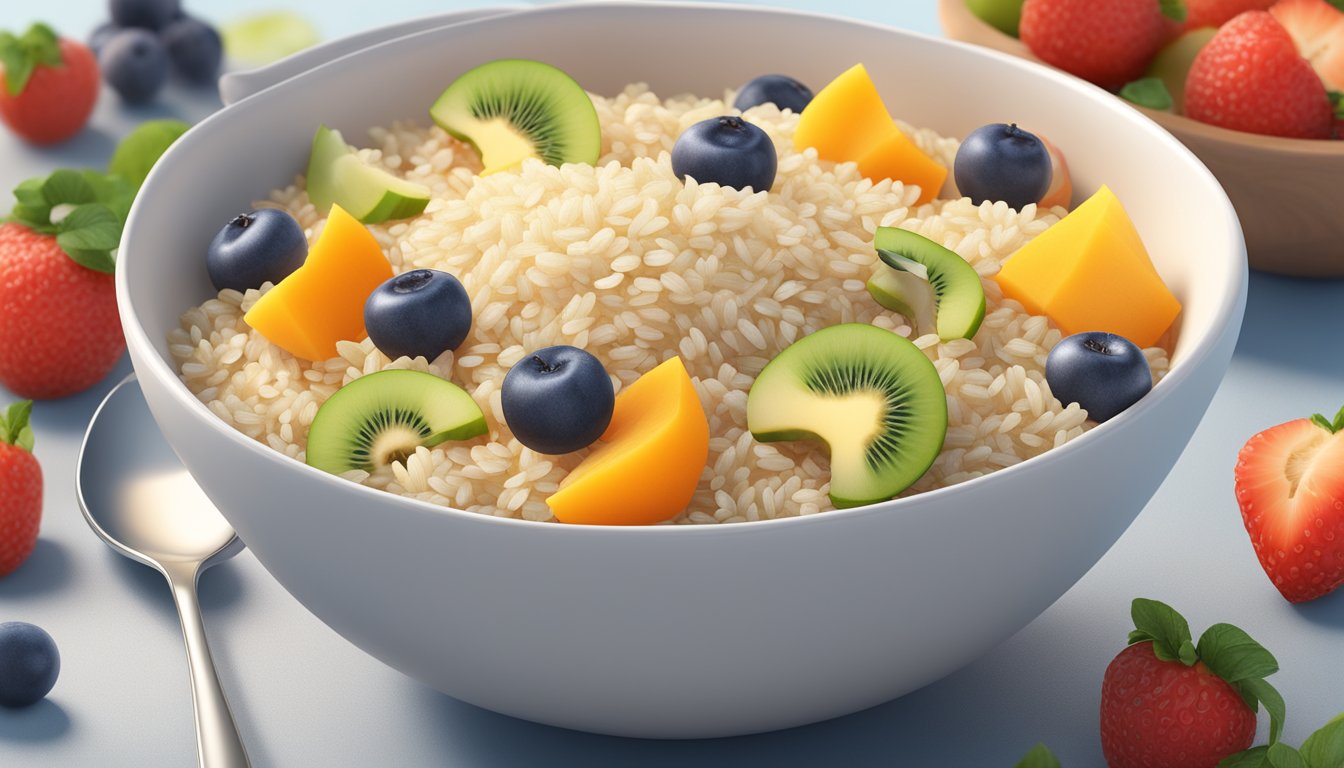 A bowl of Beech Nut Complete Rice Quinoa baby cereal surrounded by fresh fruits and vegetables, with a spoon resting on the side