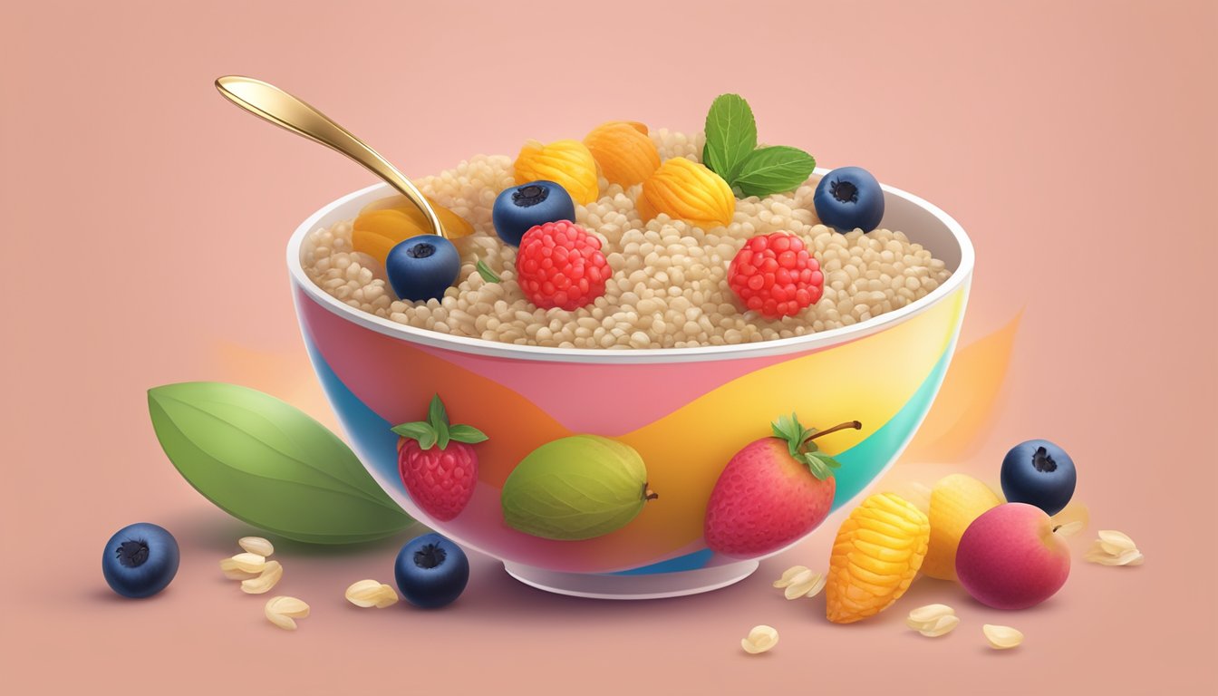 A colorful bowl filled with Beech Nut Complete Rice Quinoa baby cereal, surrounded by fresh fruits and a spoon