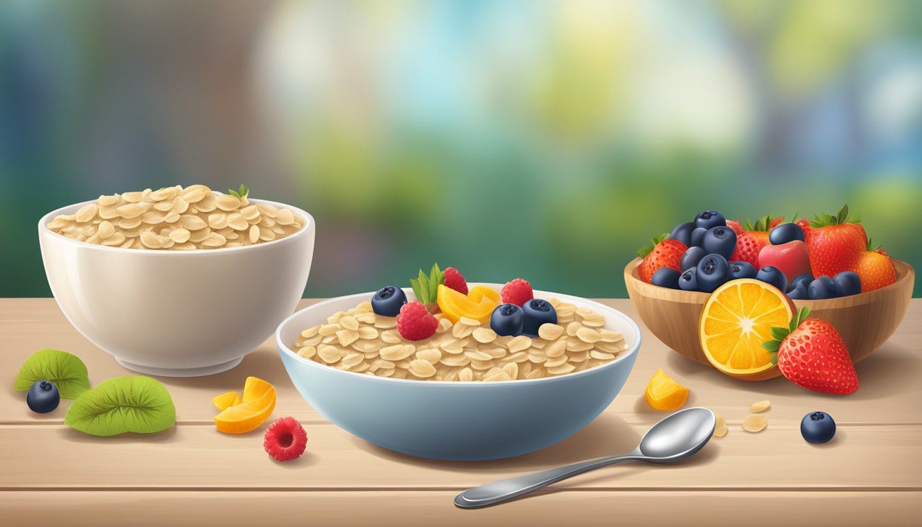 A bowl of Beech-Nut Brand oatmeal cereal with mixed fruit, surrounded by a spoon and scattered fruit pieces on a wooden table