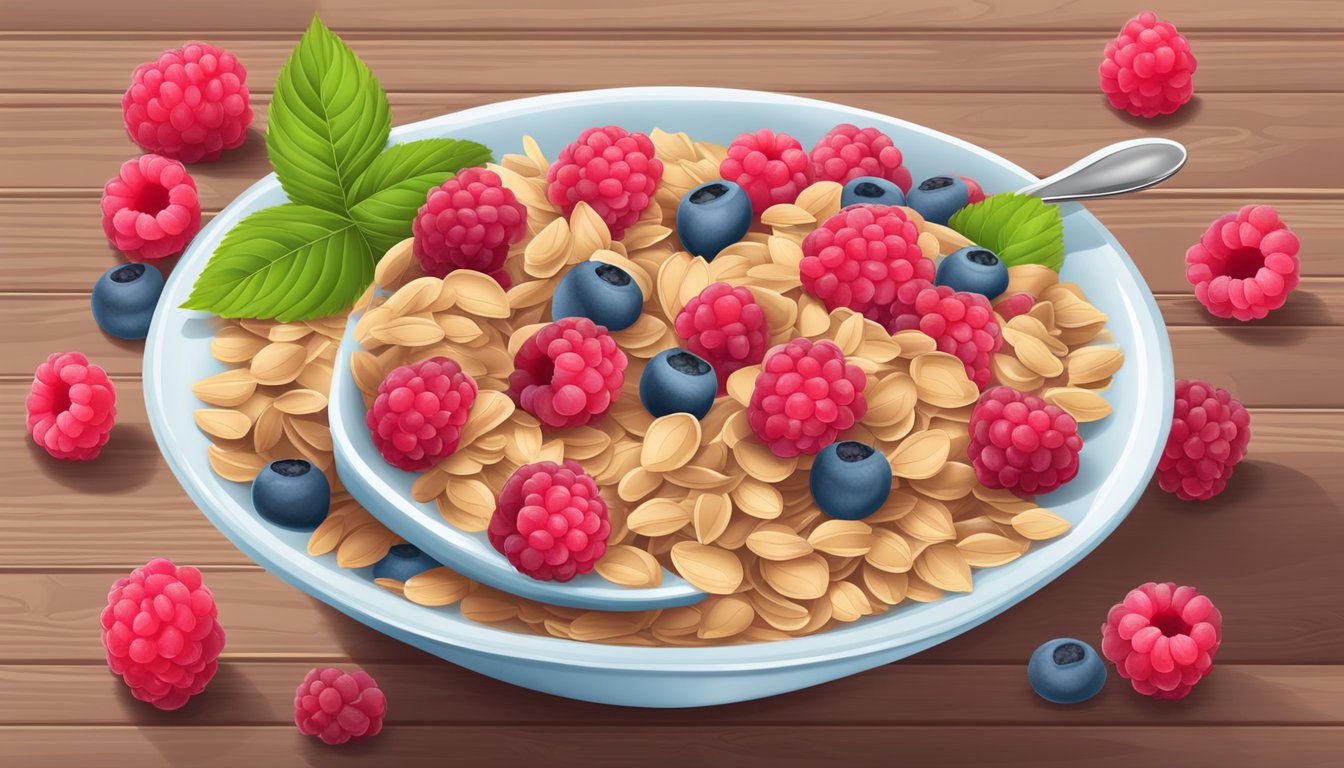 A bowl of Beech Nut organic multigrain cereal with raspberries surrounded by fresh raspberries and a spoon on a wooden table