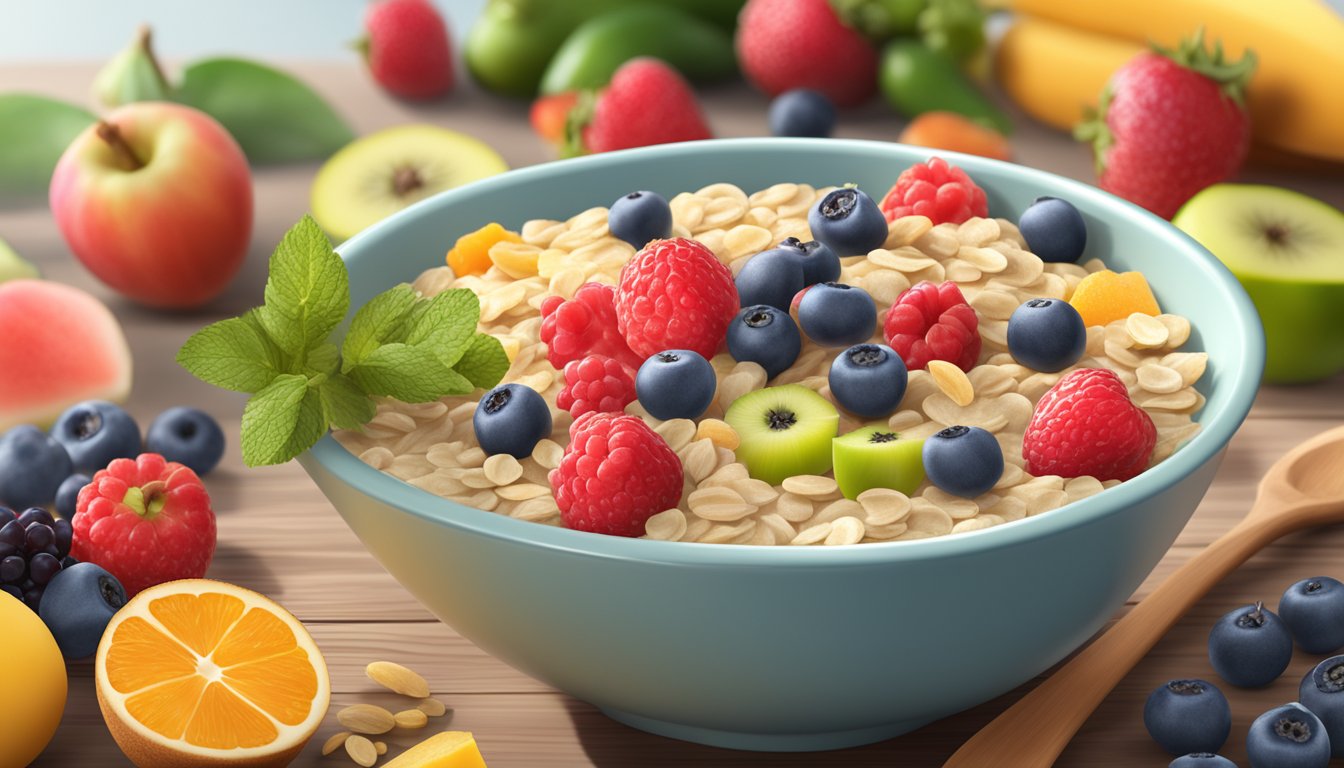 A bowl of Beech Nut complete oatmeal cereal with mixed fruit surrounded by fresh fruits and vegetables