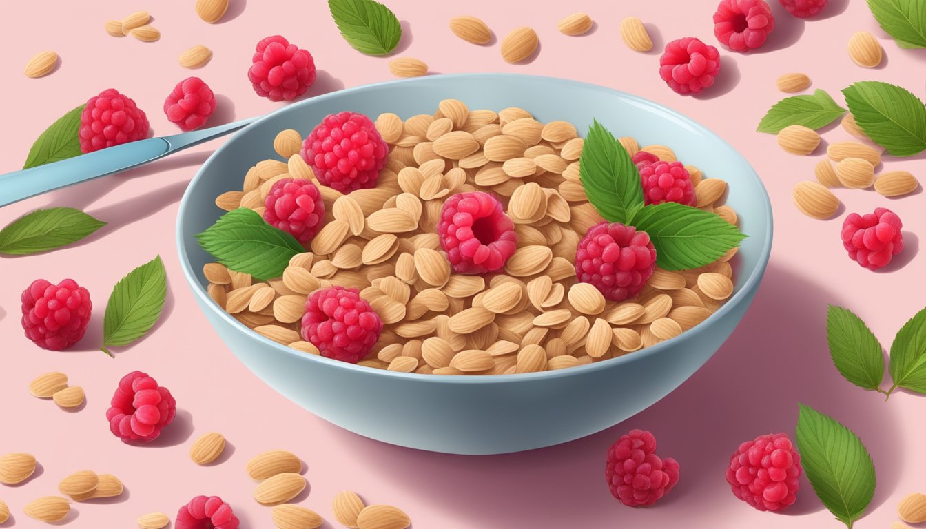 A bowl of beech nut organic multigrain cereal with raspberries, surrounded by scattered raspberries and a spoon