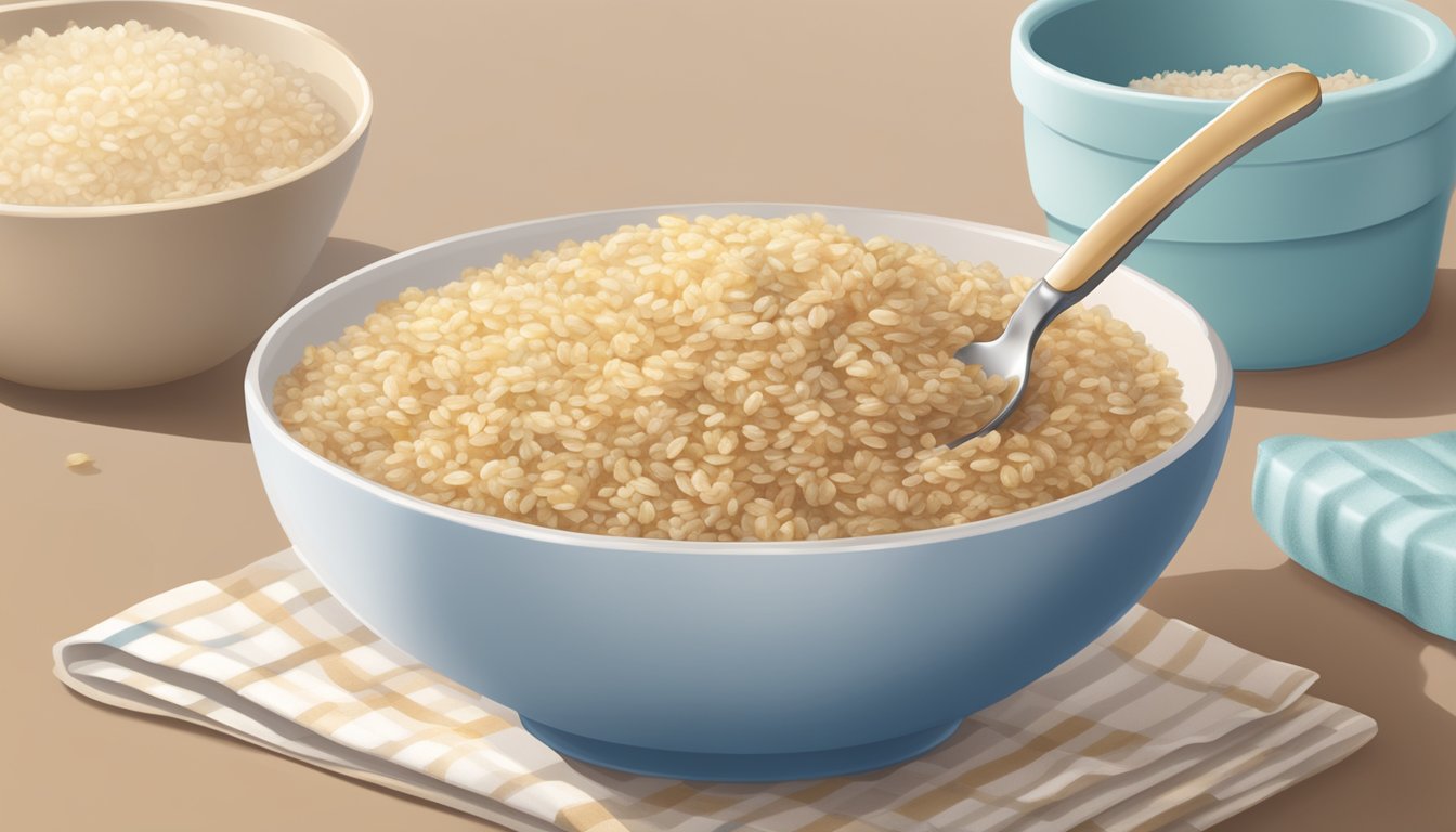 A bowl of Beech-Nut Complete Rice Quinoa baby cereal being prepared and served with a spoon