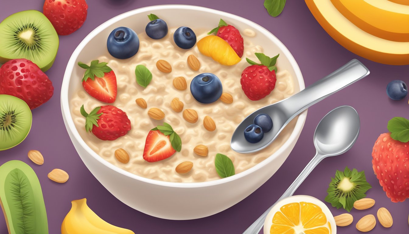 A colorful bowl of Beech Nut oatmeal cereal with mixed fruit, accompanied by a spoon and a baby-friendly bib