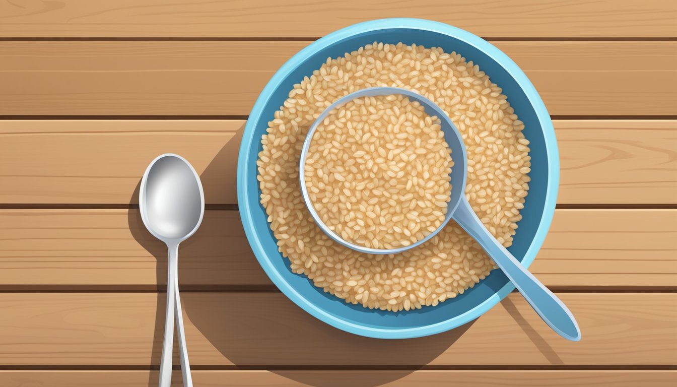 A bowl of Beech Nut Complete Rice Quinoa baby cereal with a spoon beside it, set on a wooden table with a colorful background