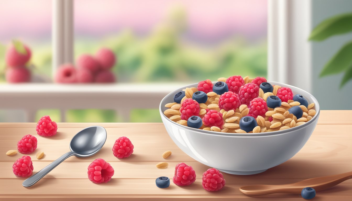 A bowl of Beech Nut Organic Multigrain Cereal with Raspberries surrounded by fresh raspberries and a spoon, with a bright and airy kitchen background