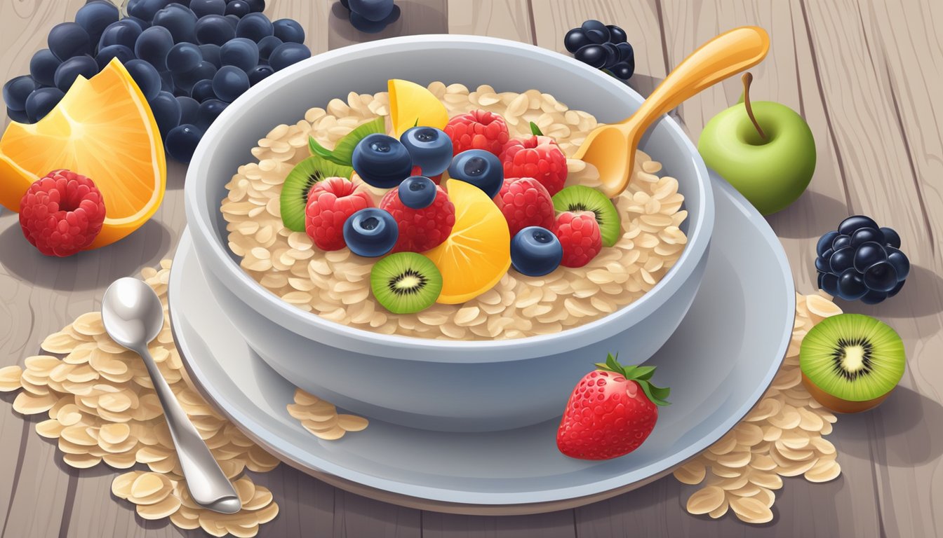 A bowl of oatmeal cereal with mixed fruit, surrounded by fresh fruit and a spoon on a wooden table