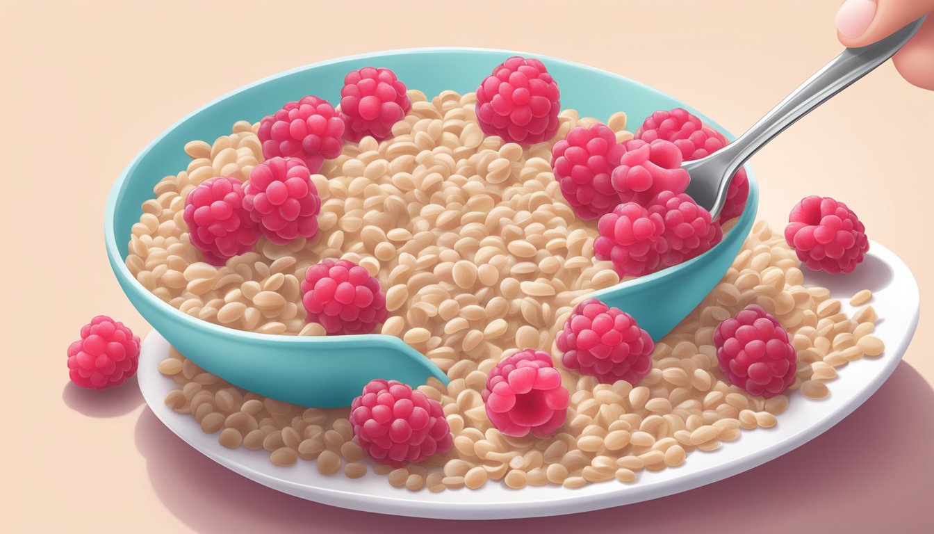 A spoonful of Beech Nut organic multigrain cereal with raspberries being poured into a baby's bowl