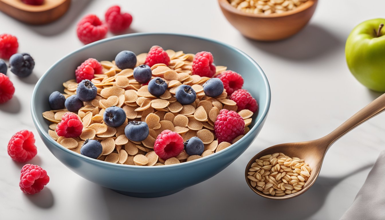 A bowl of Beech Nut organic multigrain cereal with raspberries sits on a clean, white kitchen counter, surrounded by fresh fruit and a measuring spoon