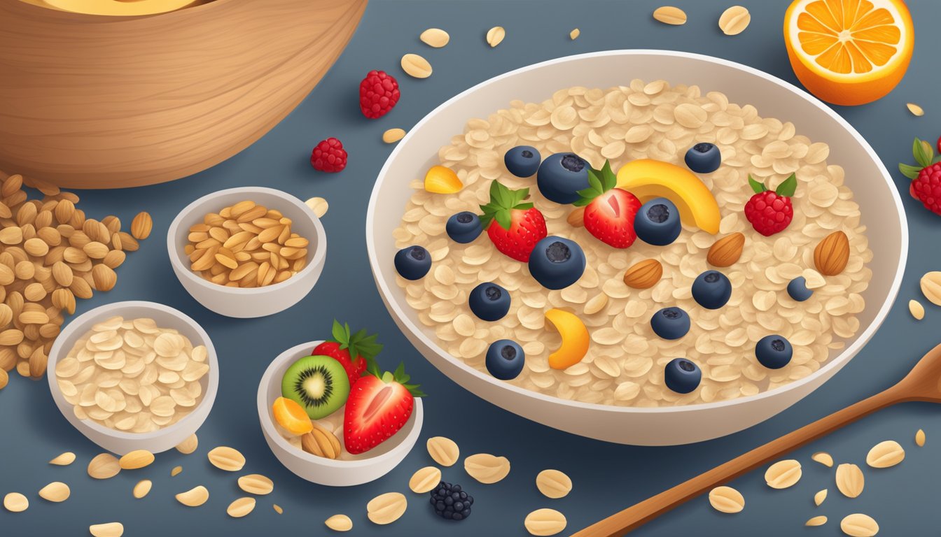 A bowl of oatmeal cereal with mixed fruit, surrounded by beech nut ingredients like oats and dried fruit, with a spoon resting beside it