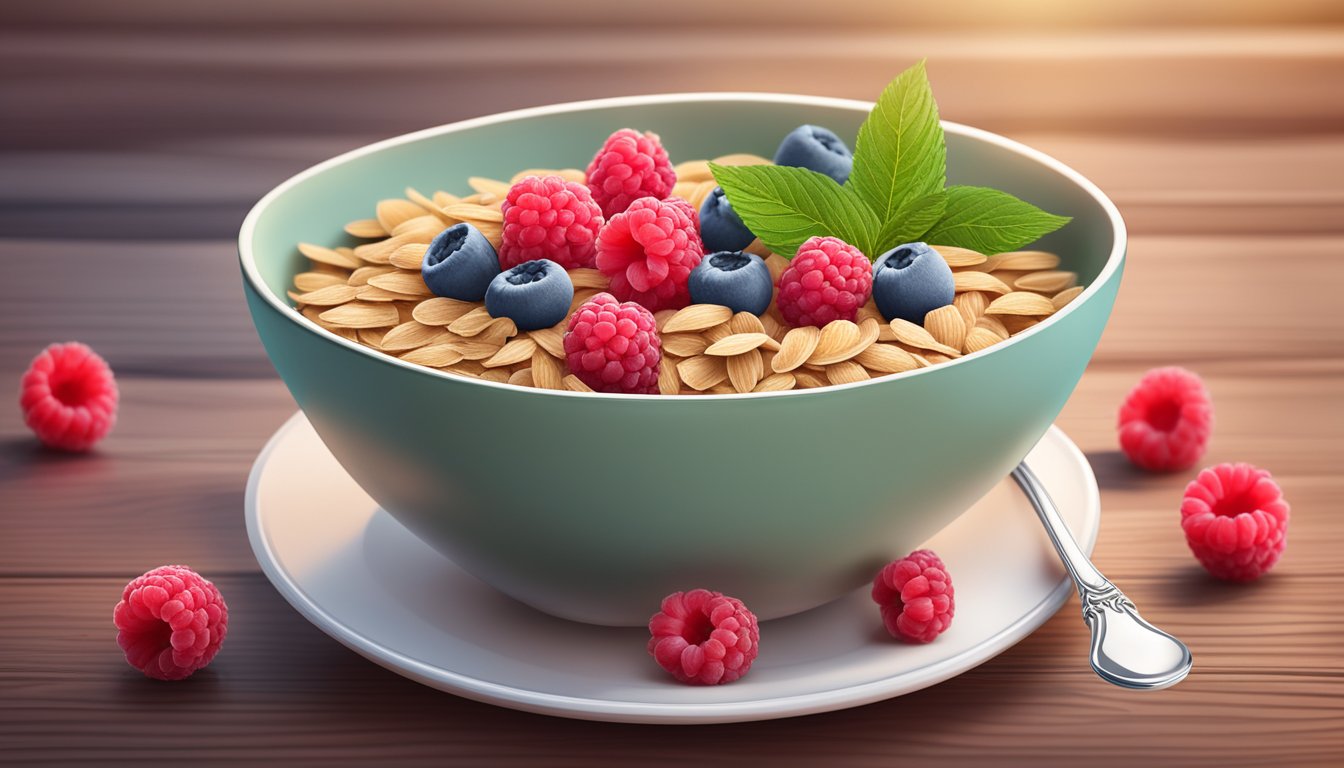 A bowl of Beech Nut organic multigrain cereal with raspberries, surrounded by fresh raspberries and a spoon on a wooden table