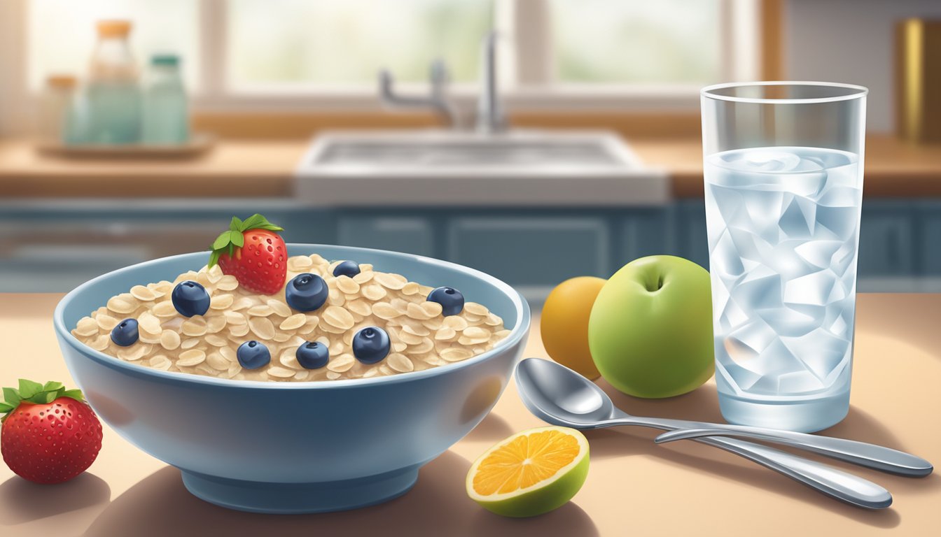 A bowl of oatmeal cereal with mixed fruit sits on a clean, well-lit kitchen counter, next to a spoon and a glass of water